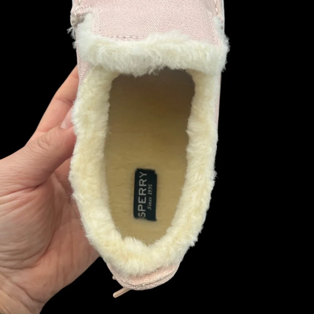 Sperry Youth Girls Moc-Sider Faux Fur Lined Winter Shoes Size 4 Blush Pink White